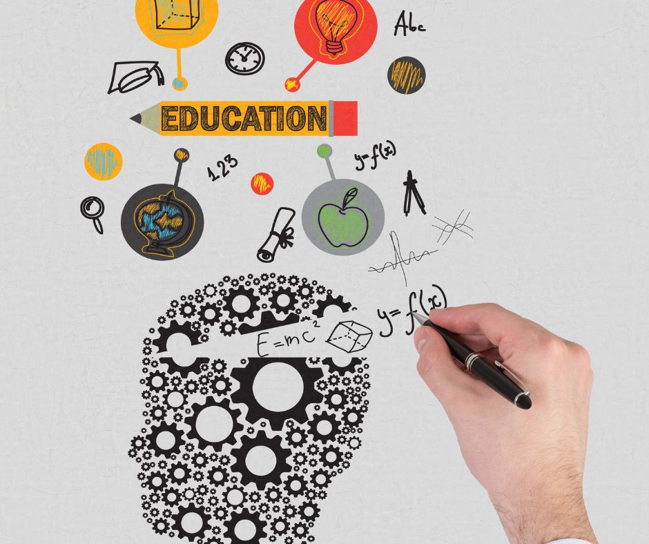 educational plan. Figure head with gears and equations + education material.