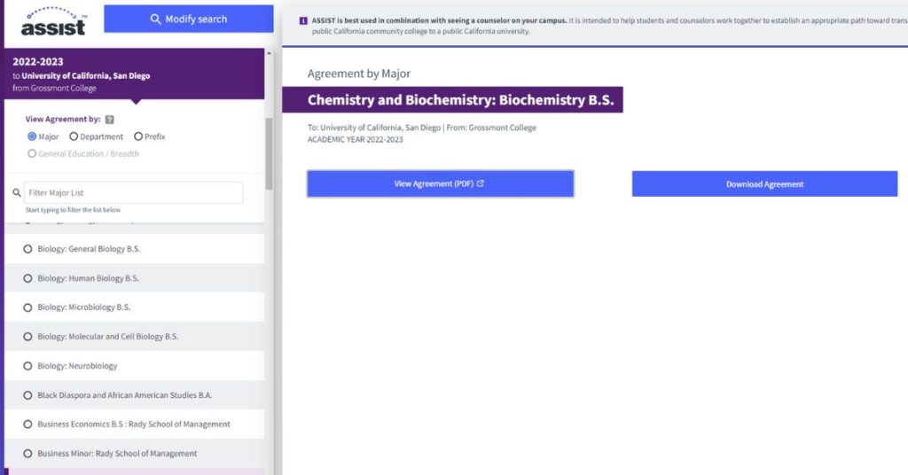 Screenshot ASSIST Articulation Agreement By Major