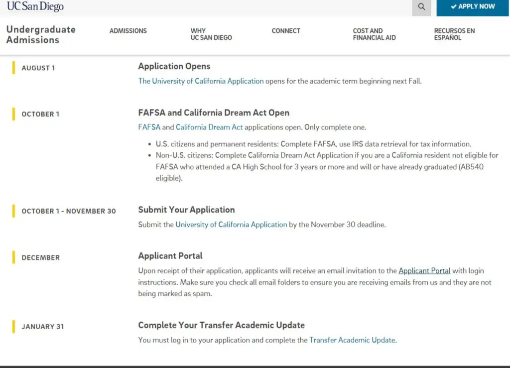 UCSD Application Timeline (Direct From UCSD Website). Screenshot showing the UCSD Application Portal requirements and dates/deadlines.